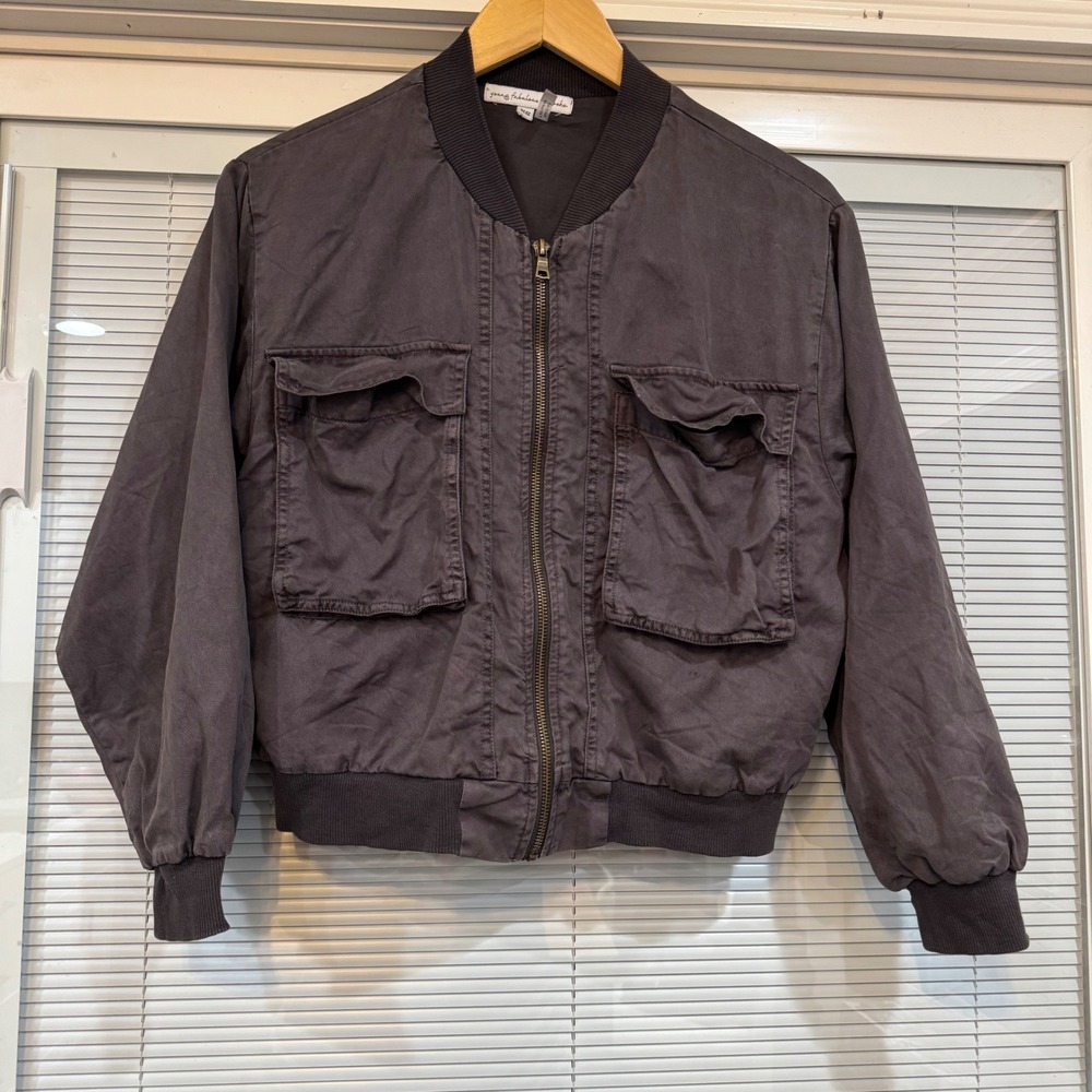 Young Fabulous & Broke Bomber Jacket XS Charcoal Gray Tencel Utility Zip Up